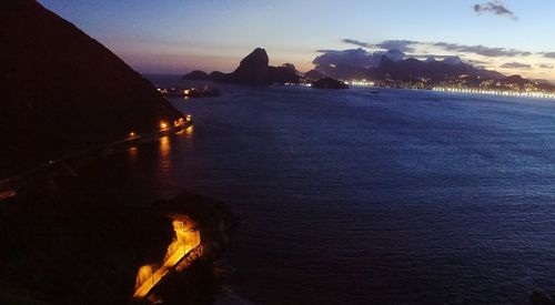 View of city at waterfront during sunset