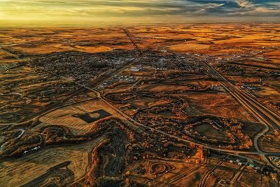 High angle view of aerial shot of cityscape