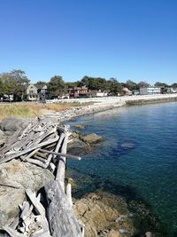 Scenic view of sea against clear blue sky