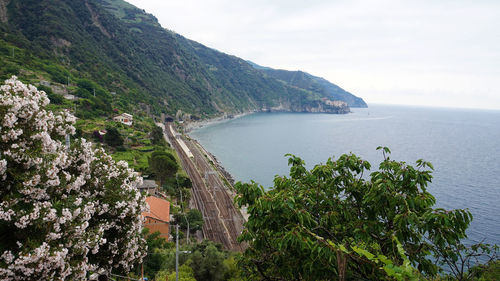 Scenic view of sea by mountains against sky