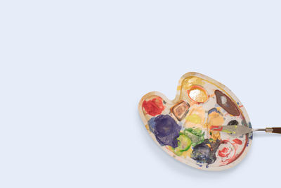 High angle view of candies against white background