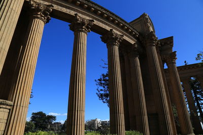 Low angle view of historic building against clear blue sky