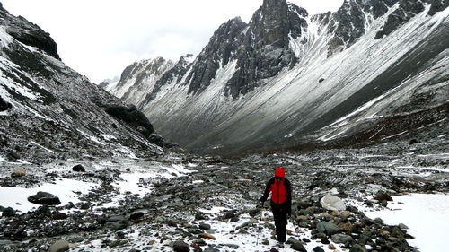 Rear view of person on snowcapped mountain