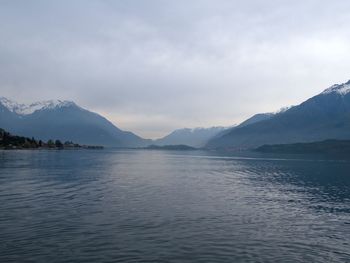 View of calm lake against cloudy sky