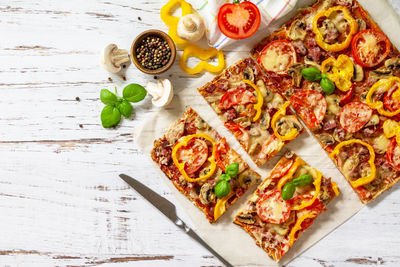 High angle view of pizza on table