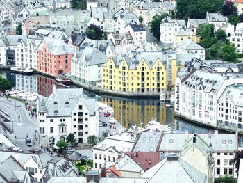 High angle view of houses in town