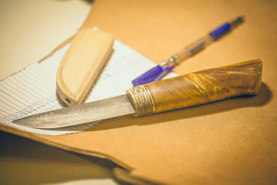 High angle view of pencils on table