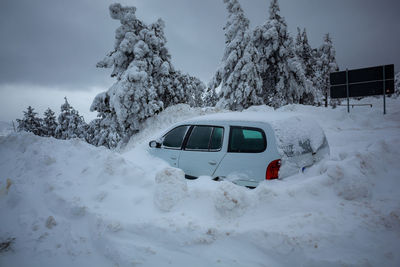 Car on snow covered trees against sky