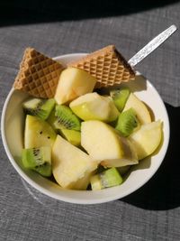 High angle view of fruits in plate on table