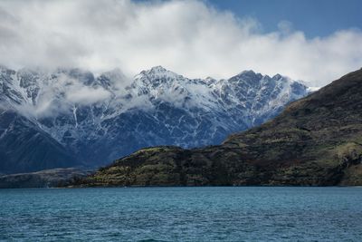 Scenic view of lake against cloudy sky