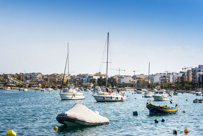 Sailboats moored at harbor against clear sky