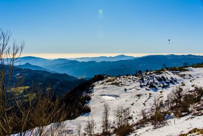 Scenic view of snow covered mountains against sky