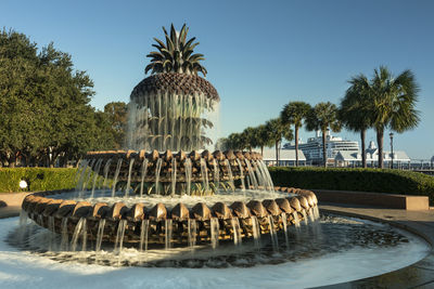 Palm trees by swimming pool against sky