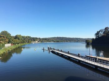 Scenic view of lake against clear blue sky