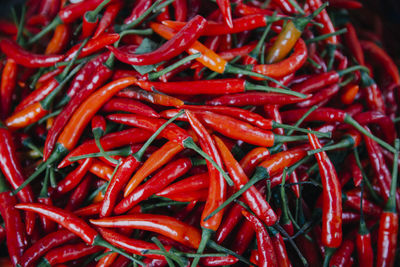 Full frame shot of red chili peppers for sale at market