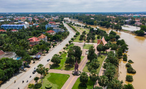 High angle view of road amidst buildings in city