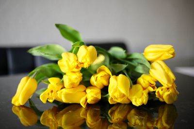 Close-up of yellow flowers on table