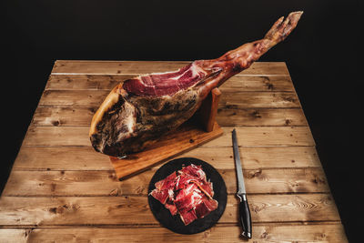 High angle view of food on wooden table