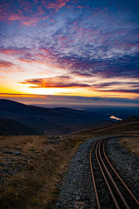 Aerial view of railroad tracks against sky during sunset