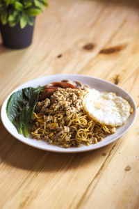 High angle view of food in bowl on table