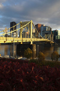 Bridge over river in city against sky