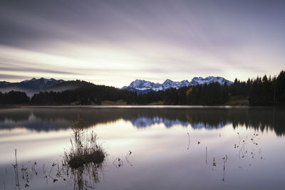 Scenic view of lake by trees against sky