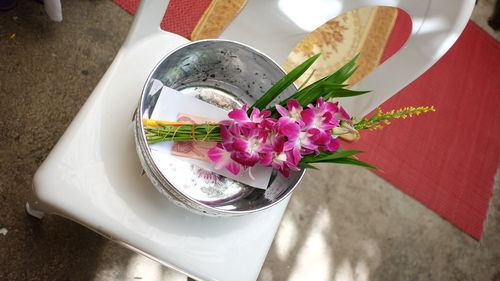 High angle view of flower bouquet on table