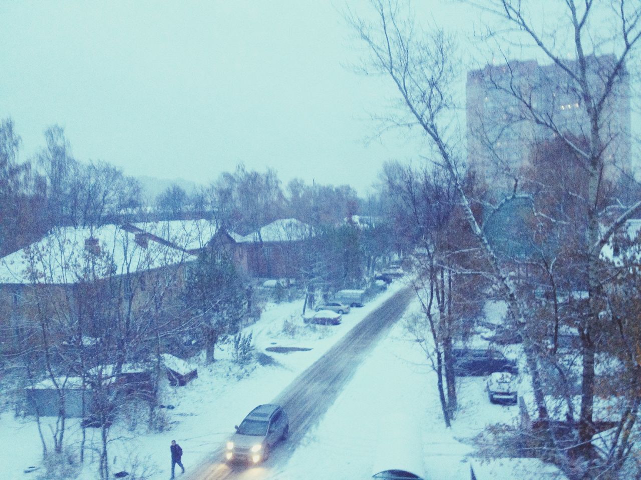 snow, winter, cold temperature, tree, season, transportation, bare tree, clear sky, weather, frozen, nature, water, river, tranquility, covering, tranquil scene, scenics, beauty in nature, high angle view, mode of transport