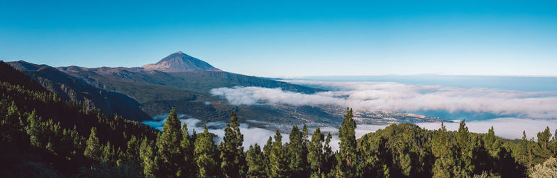 Panoramic view of volcanic landscape against clear sky