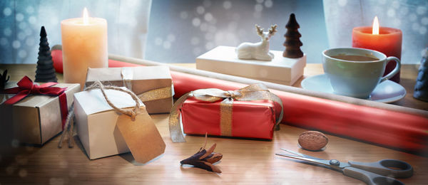 Close-up of christmas decorations on table