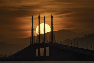 Silhouette of bridge against cloudy sky during sunset