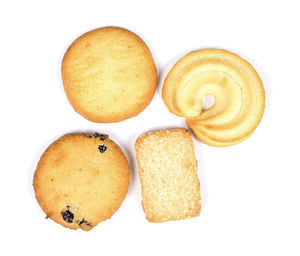 Close-up of cookies against white background