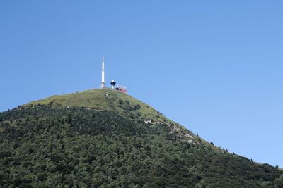 Low angle view of landscape against clear blue sky