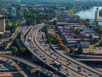 High angle view of buildings in city