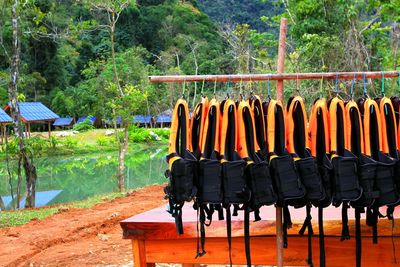 Life jacket and clothes hanging for rent