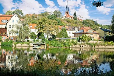 Reflection of trees and buildings in lake