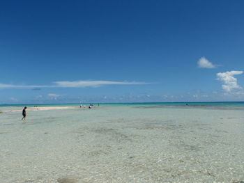 Scenic view of beach against blue sky