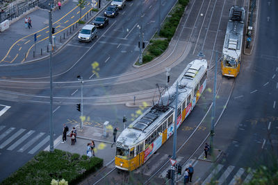 High angle view of trams on road in city