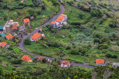 High angle view of houses and trees on field