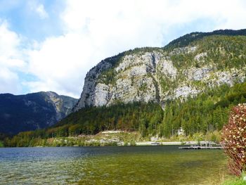 Scenic view of mountains by lake against sky