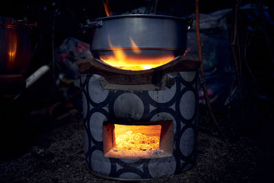 Close-up of fire in charcoal stove
