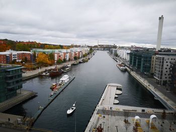 High angle view of river in city against sky