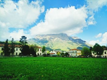 Houses on grassy field against cloudy sky