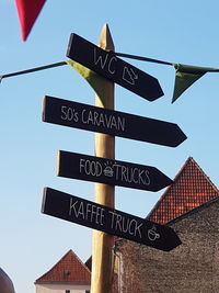 Low angle view of road sign against clear sky