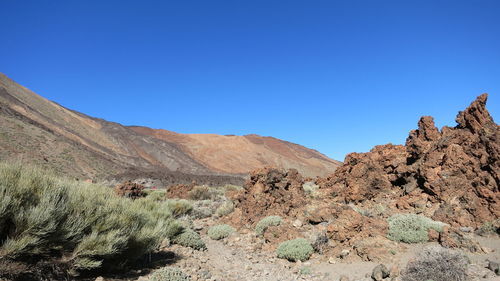 Scenic view of rocky mountains against clear blue sky