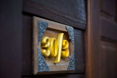 Yellow and vegetables on wooden door of building