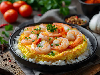High angle view of food in plate on table