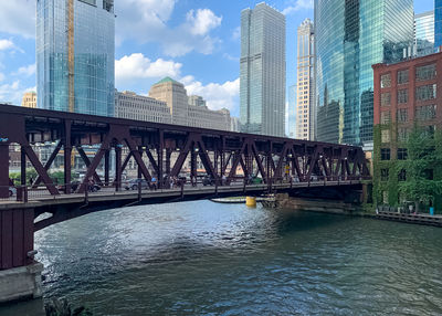 Bridge over river by buildings against sky
