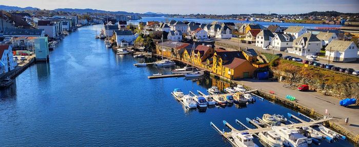 High angle view of boats in harbor