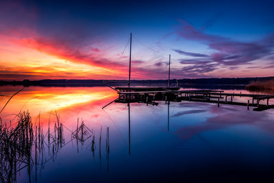 Scenic view of lake against orange sky